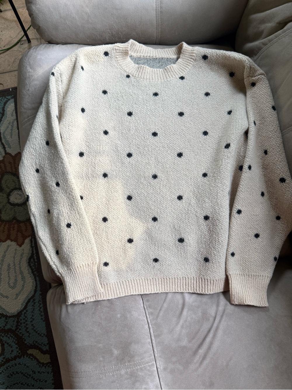 Cream Crewneck Sweater with Black Polka Dots